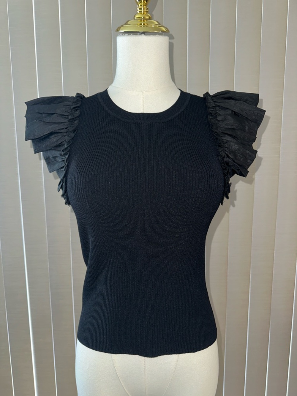 Sleeveless Black Ruffle-Shoulder Knit Tank Top